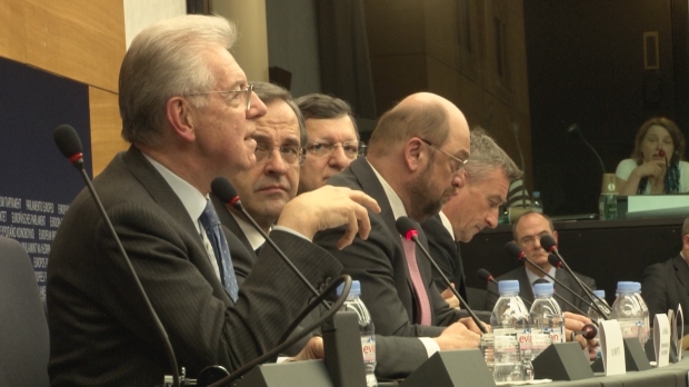 Mario Monti, Antonis Samaras, Martin Schulz, José Manuel Barroso   Photo: Graham Waghorn